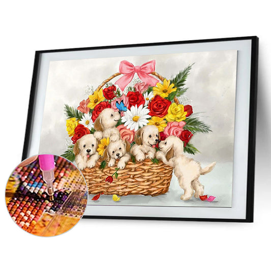 Flower Basket Puppy - Full Round Drill Diamond Painting 40*30CM