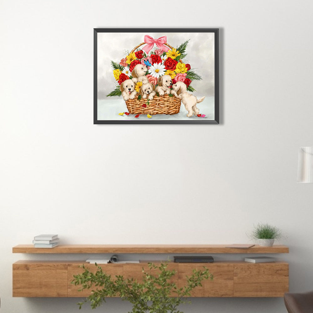 Flower Basket Puppy - Full Round Drill Diamond Painting 40*30CM