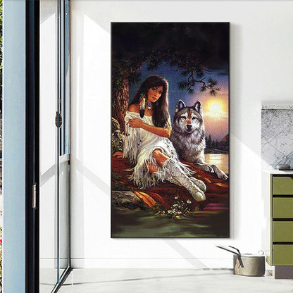 Woman And Wolf - Full Round Drill Diamond Painting 40*70CM