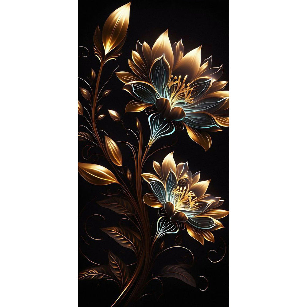 Golden Flowers On Black Background - Full Round Drill Diamond Painting 40*80CM