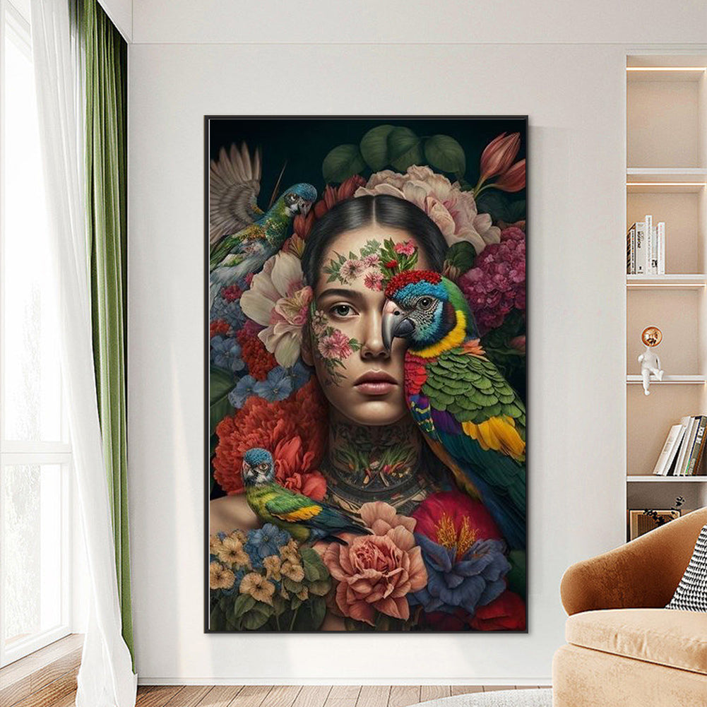 Flower And Bird Decoration Girl - Full Round Drill Diamond Painting 50*80CM