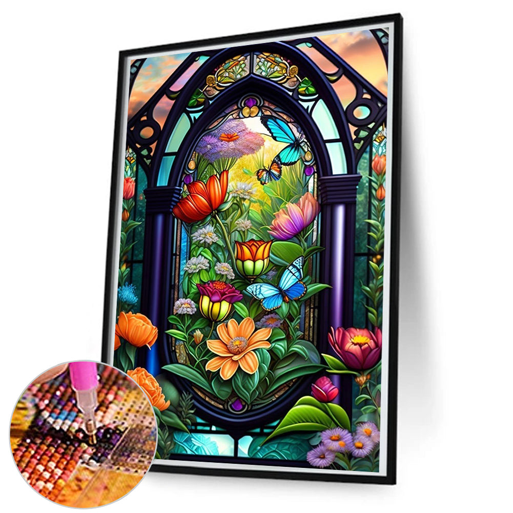 Glass Window Butterflies - Full Round Drill Diamond Painting 50*80CM