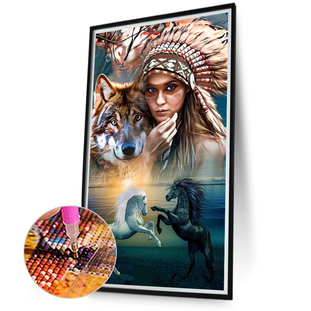 Indians And Wolves - Full Round Drill Diamond Painting 50*90CM