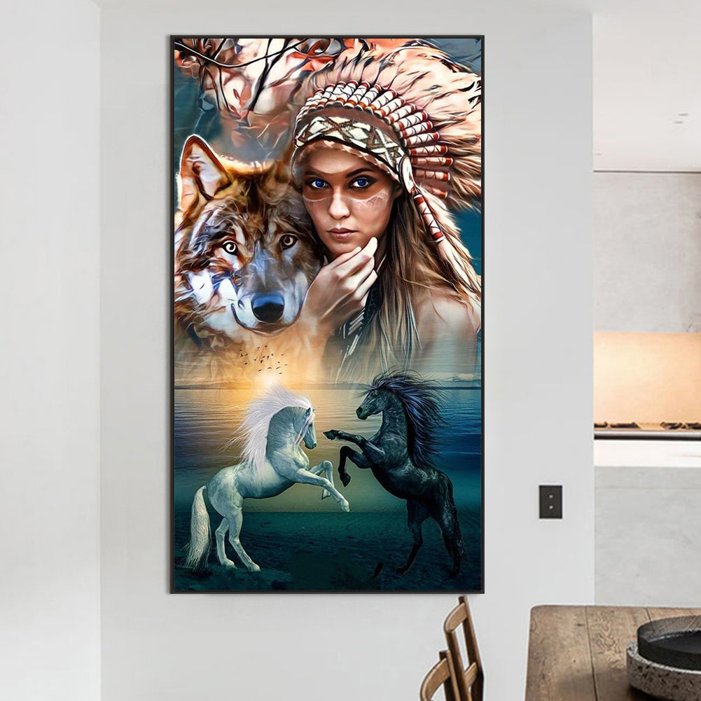 Indians And Wolves - Full Round Drill Diamond Painting 50*90CM