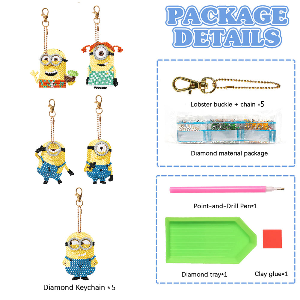 DIY Diamond Art Key Rings Little Yellow Man 5pcs Keychain Supplies Gift for Kids