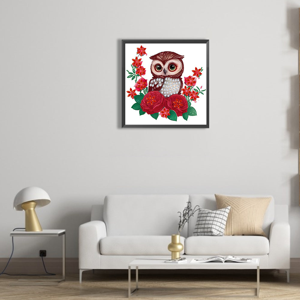 Owl With Flowers - Special Shaped Drill Diamond Painting 30*30CM