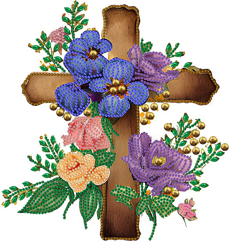 Cross With Flowers - Special Shaped Drill Diamond Painting 30*30CM