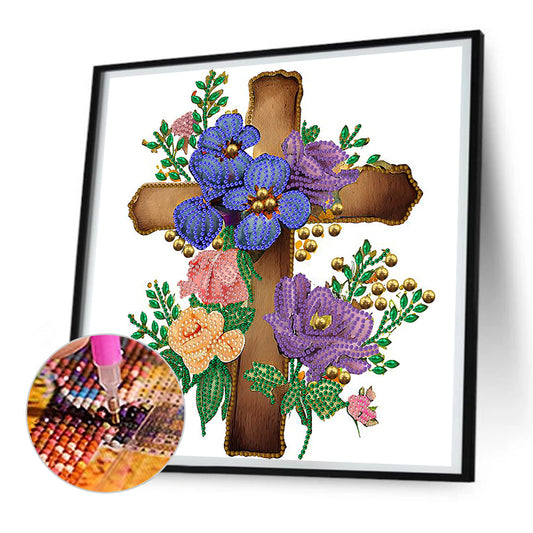Cross With Flowers - Special Shaped Drill Diamond Painting 30*30CM