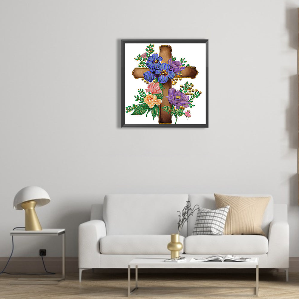 Cross With Flowers - Special Shaped Drill Diamond Painting 30*30CM