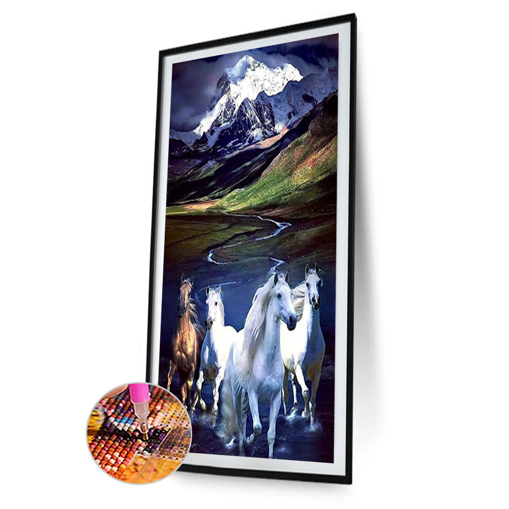 Horse Running Under Snow Mountain - Full Round Drill Diamond Painting 40*70CM