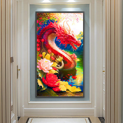 Red Lotus Dragon - Full Round Drill Diamond Painting 40*70CM