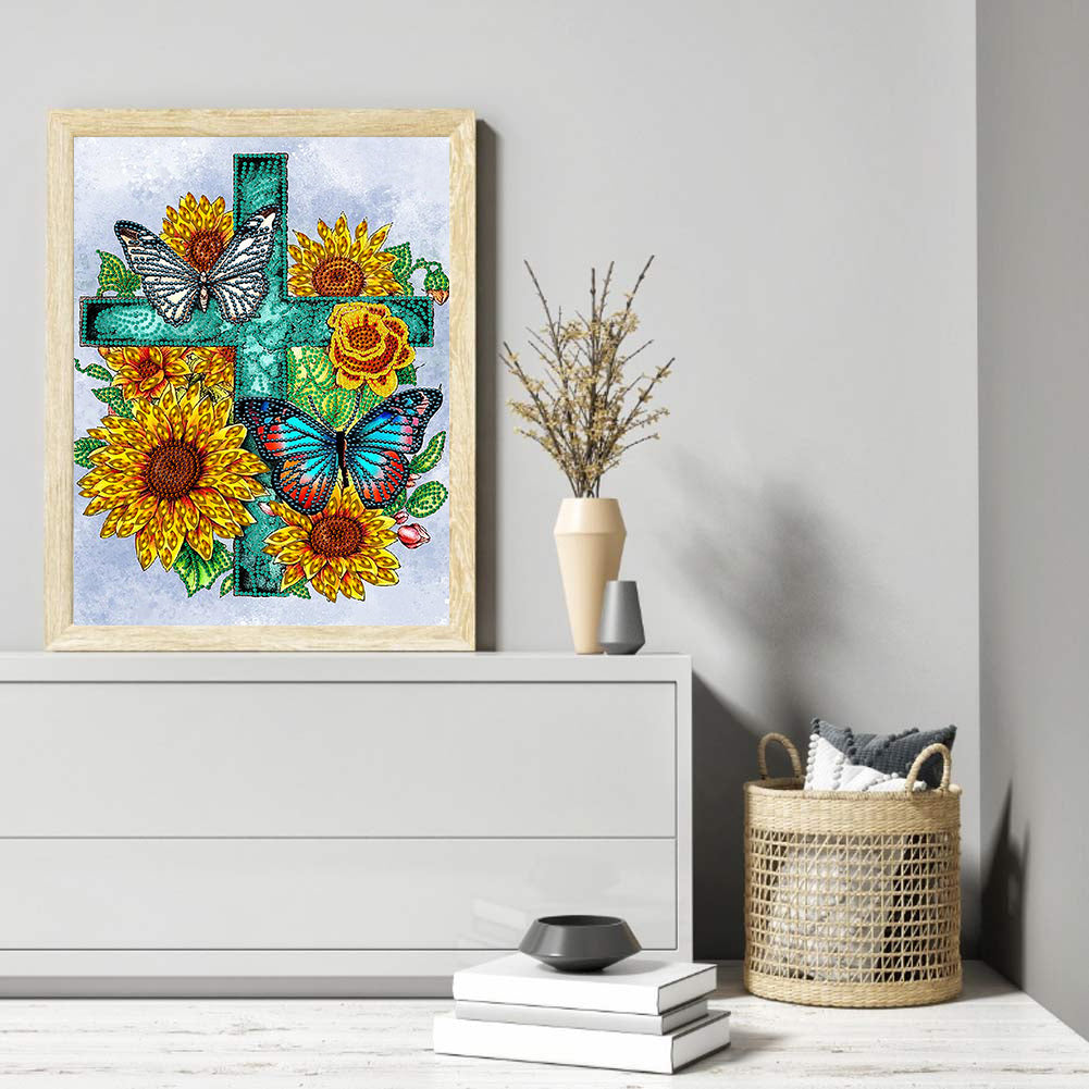 Sunflower Cross - Special Shaped Drill Diamond Painting 30*40CM