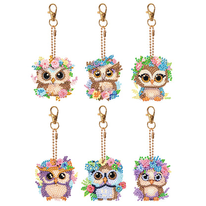 DIY Diamond Art Key Rings Double Sided 6pcs Owl Flower for Kids Adult Home Party