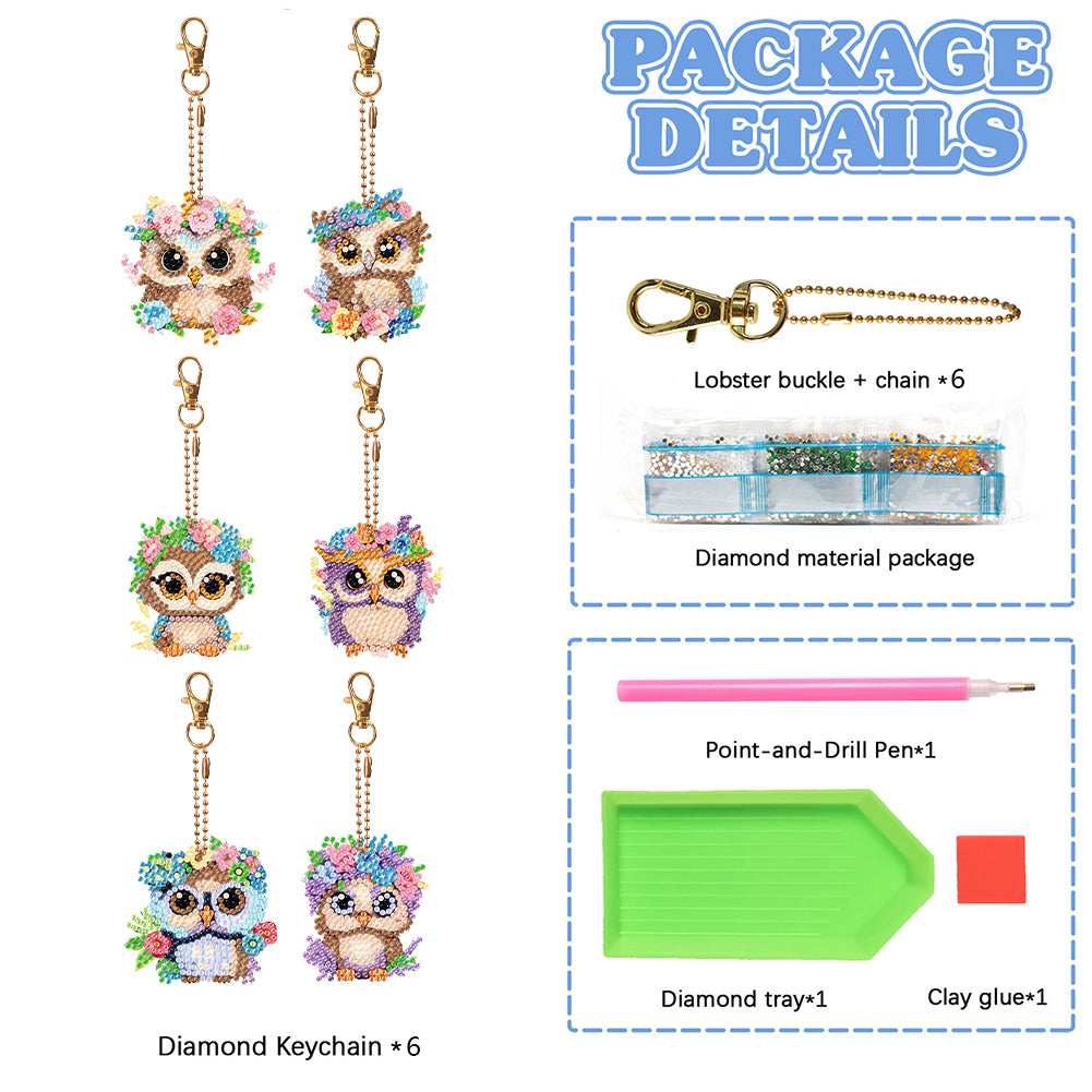 DIY Diamond Art Key Rings Double Sided 6pcs Owl Flower for Kids Adult Home Party