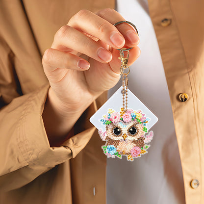 DIY Diamond Art Key Rings Double Sided 6pcs Owl Flower for Kids Adult Home Party