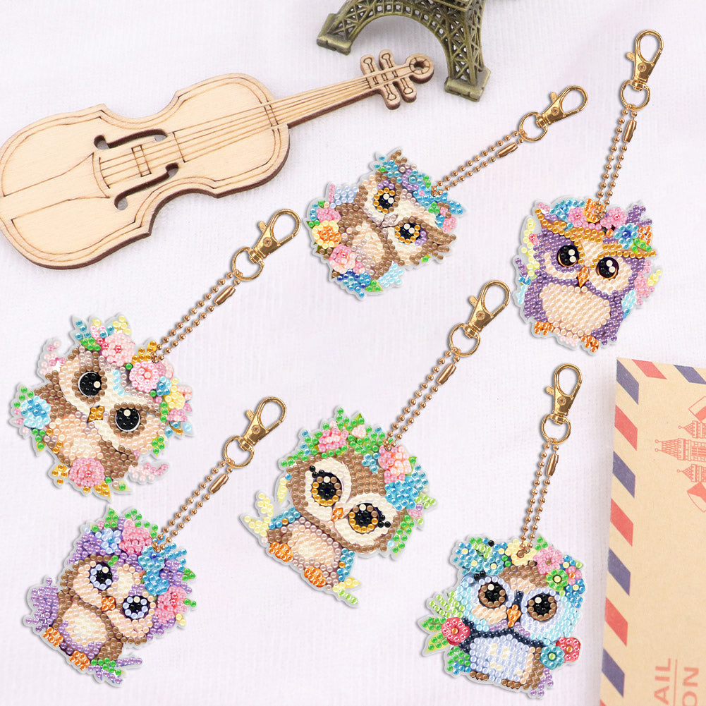 DIY Diamond Art Key Rings Double Sided 6pcs Owl Flower for Kids Adult Home Party