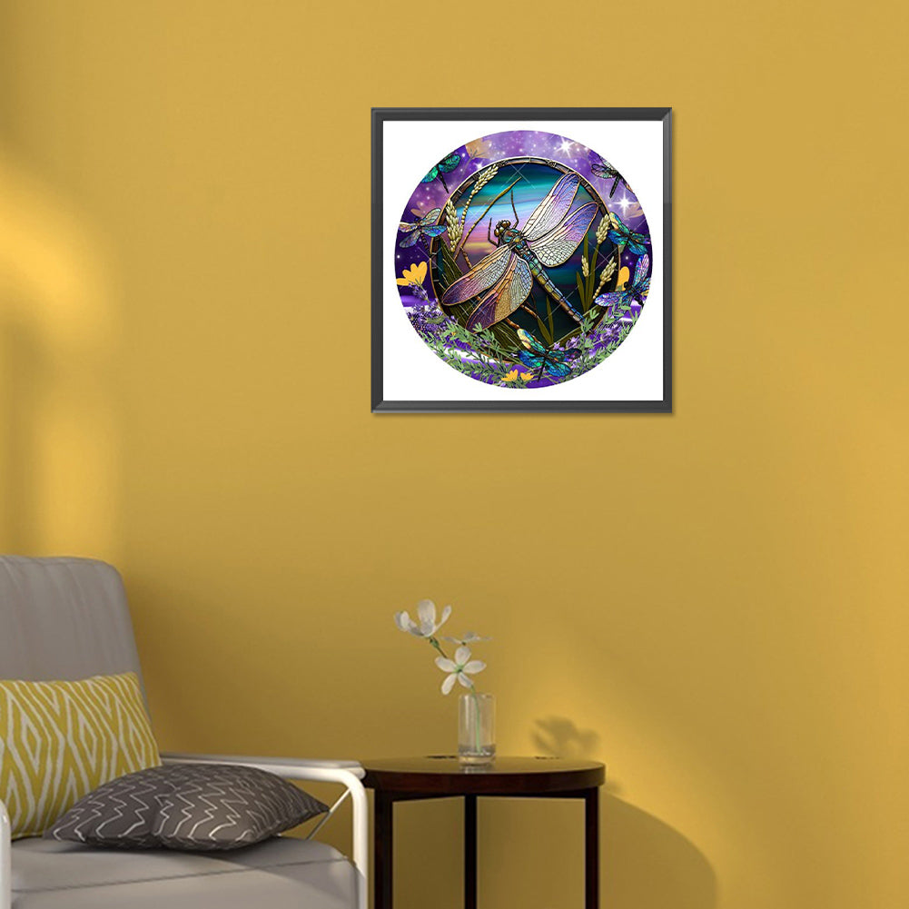 Dragonfly Painted On Round Plate Glass - Full Round Drill Diamond Painting 30*30CM