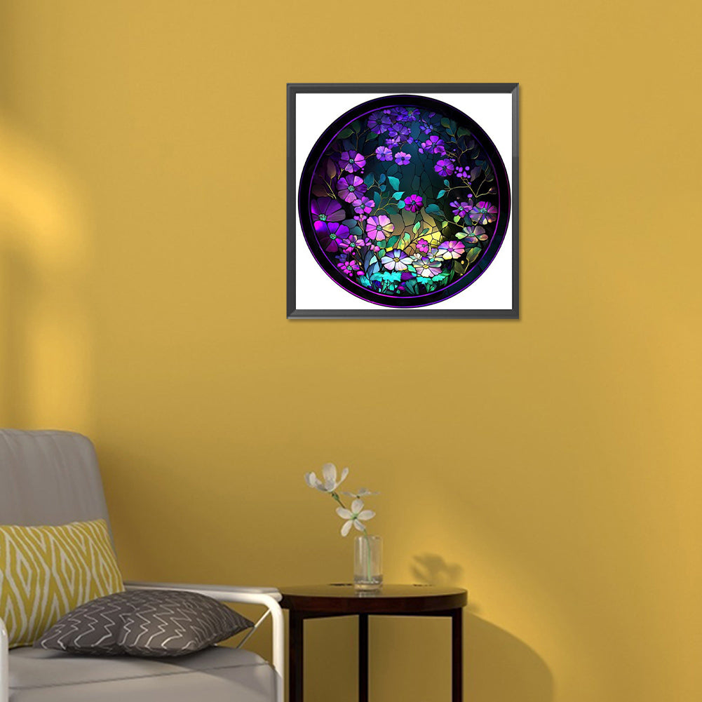 Round Glass Painting Purple Flowers - Full Round Drill Diamond Painting 30*30CM