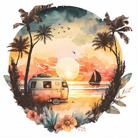 Coconut Grove Seaside Campervan - Full Round Drill Diamond Painting 30*30CM