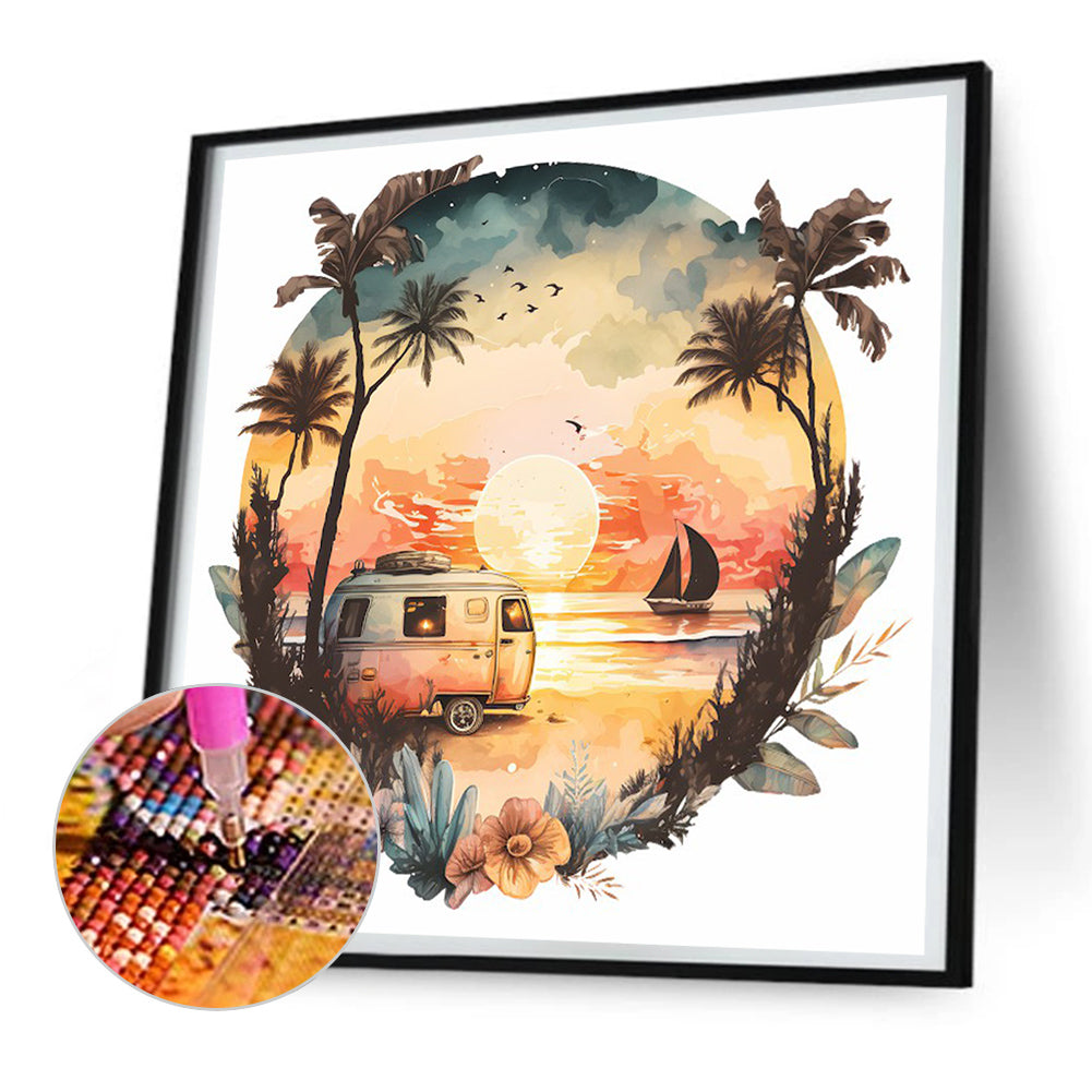 Coconut Grove Seaside Campervan - Full Round Drill Diamond Painting 30*30CM