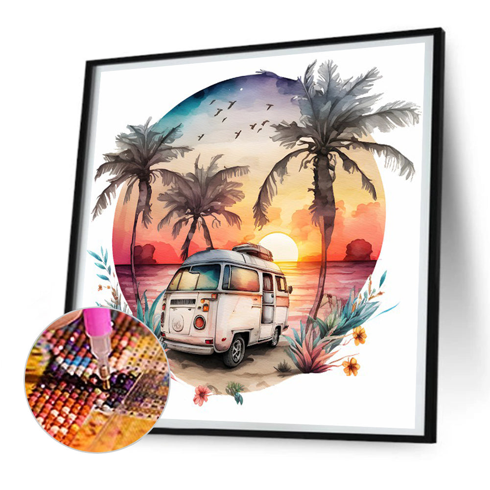 Coconut Grove Seaside Campervan - Full Round Drill Diamond Painting 30*30CM