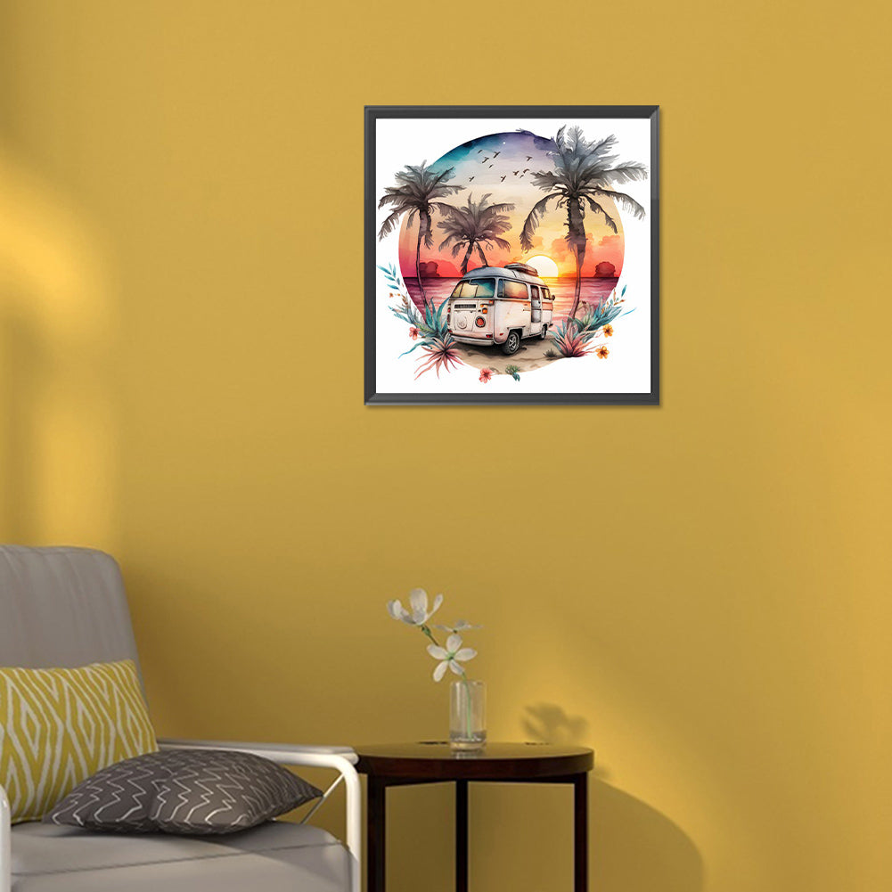 Coconut Grove Seaside Campervan - Full Round Drill Diamond Painting 30*30CM