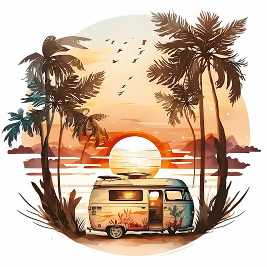 Coconut Grove Seaside Campervan - Full Round Drill Diamond Painting 30*30CM