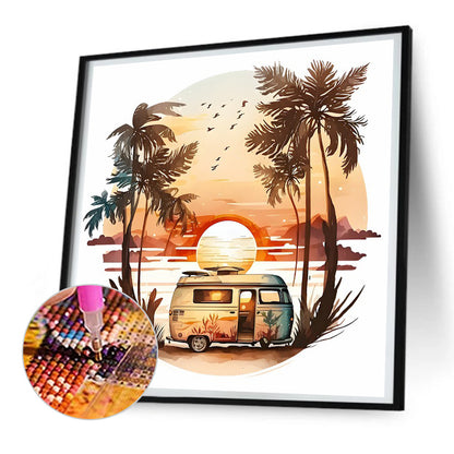 Coconut Grove Seaside Campervan - Full Round Drill Diamond Painting 30*30CM