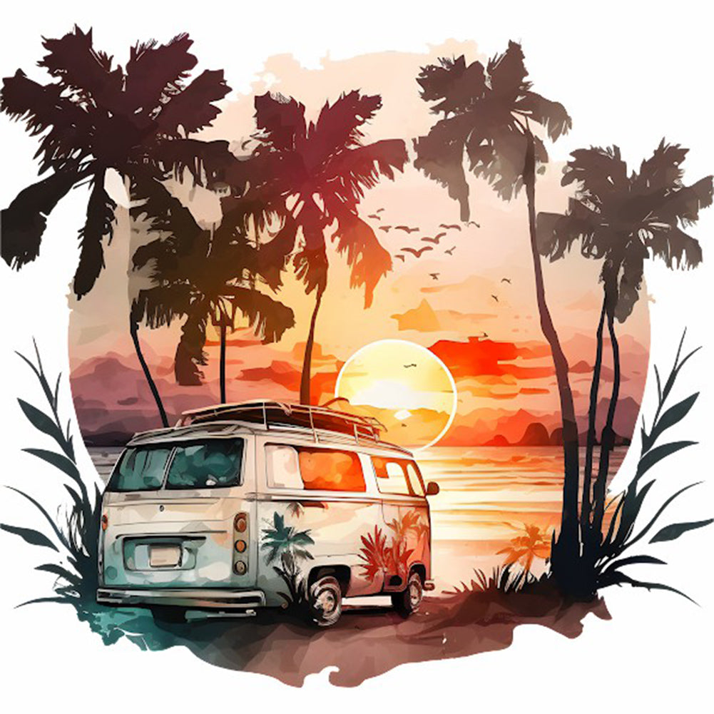 Coconut Grove Seaside Campervan - Full Round Drill Diamond Painting 30*30CM