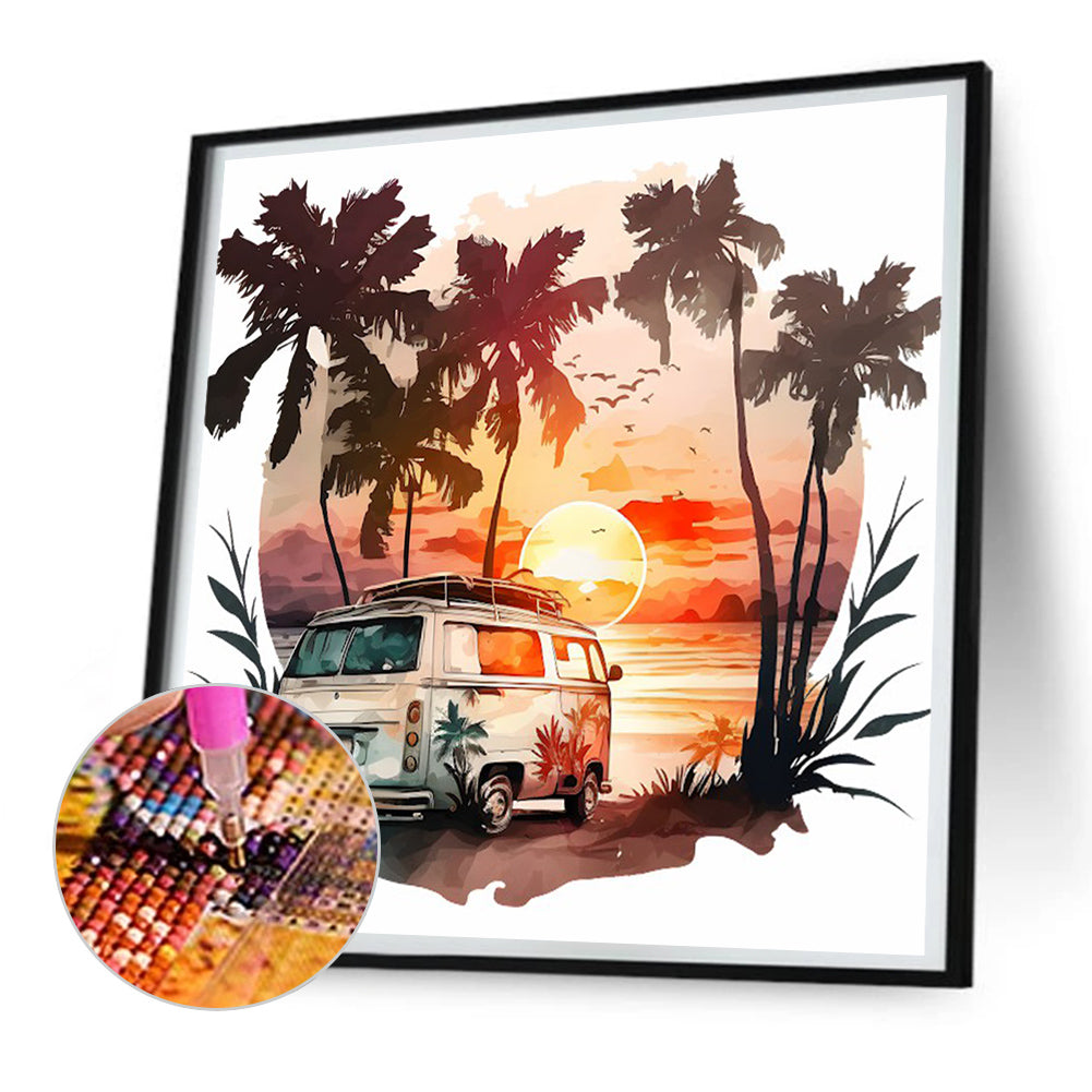 Coconut Grove Seaside Campervan - Full Round Drill Diamond Painting 30*30CM