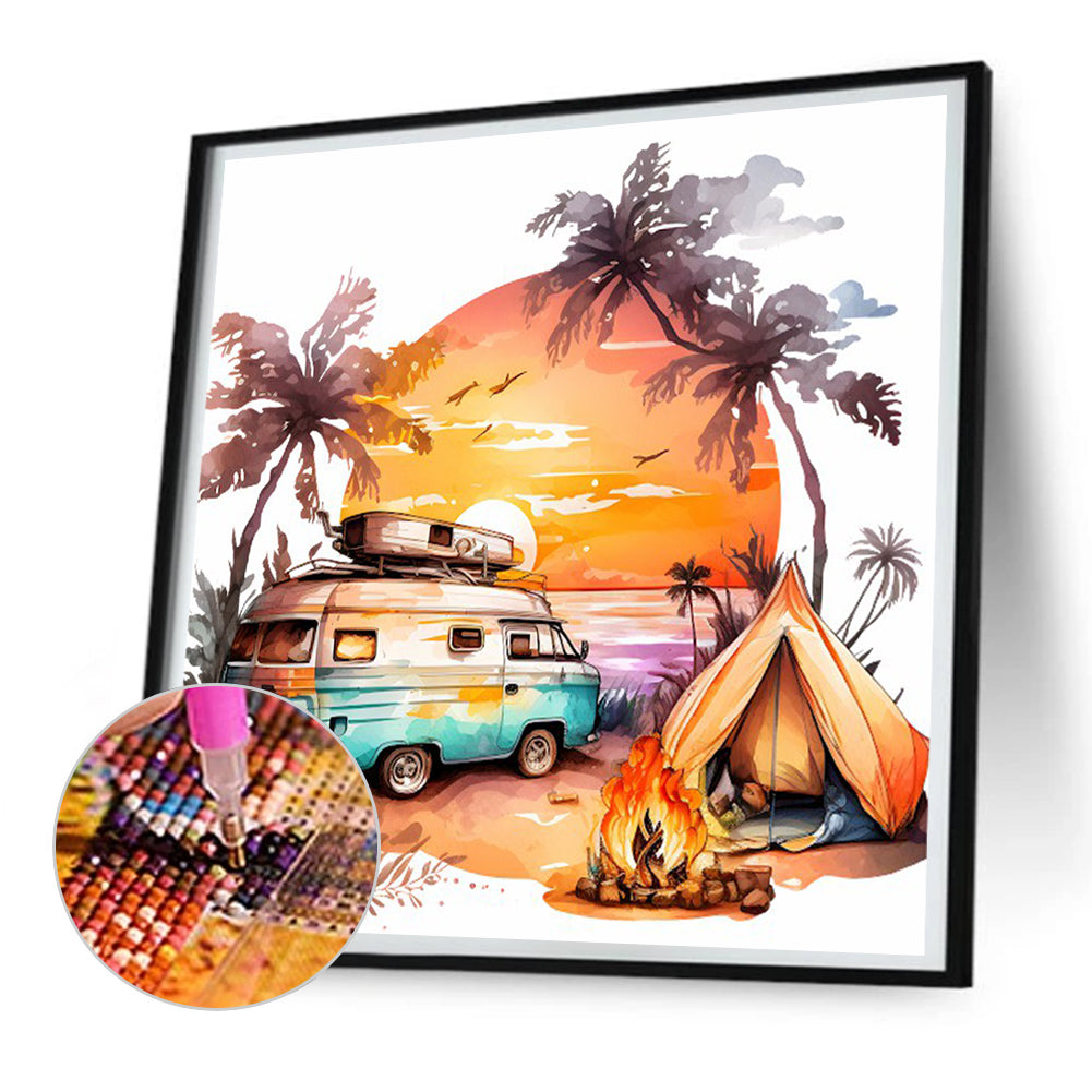 Coconut Grove Seaside Campervan - Full Round Drill Diamond Painting 30*30CM