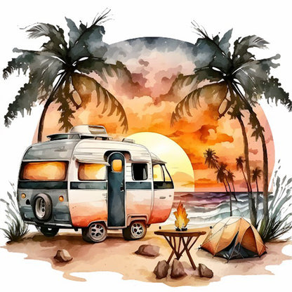 Coconut Grove Seaside Campervan - Full Round Drill Diamond Painting 30*30CM