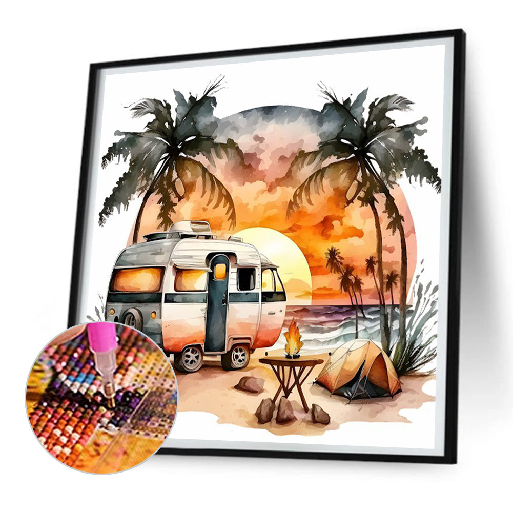 Coconut Grove Seaside Campervan - Full Round Drill Diamond Painting 30*30CM