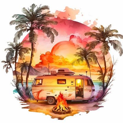 Coconut Grove Seaside Campervan - Full Round Drill Diamond Painting 30*30CM