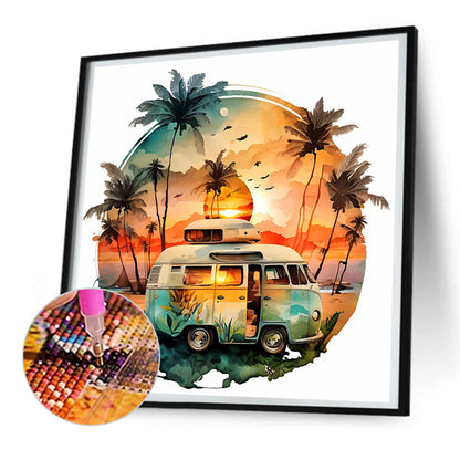 Coconut Grove Seaside Campervan - Full Round Drill Diamond Painting 30*30CM