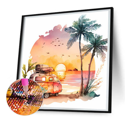 Coconut Grove Seaside Campervan - Full Round Drill Diamond Painting 30*30CM