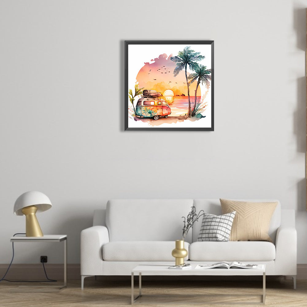 Coconut Grove Seaside Campervan - Full Round Drill Diamond Painting 30*30CM