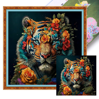 Flowers And Tiger - 11CT Stamped Cross Stitch 50*50CM