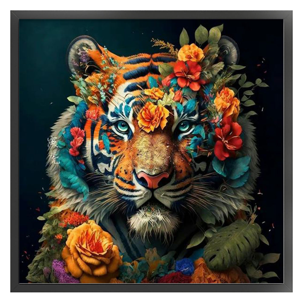 Flowers And Tiger - 11CT Stamped Cross Stitch 50*50CM