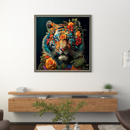 Flowers And Tiger - 11CT Stamped Cross Stitch 50*50CM