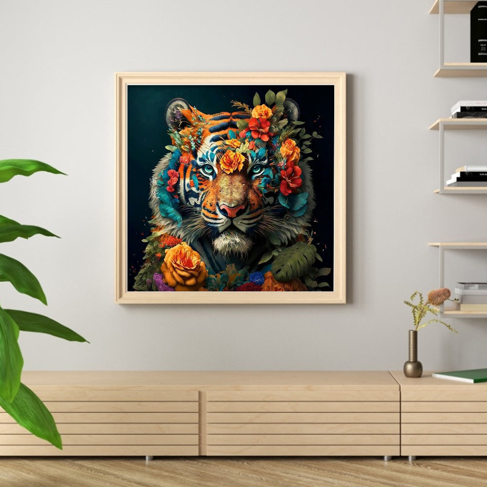 Flowers And Tiger - 11CT Stamped Cross Stitch 50*50CM