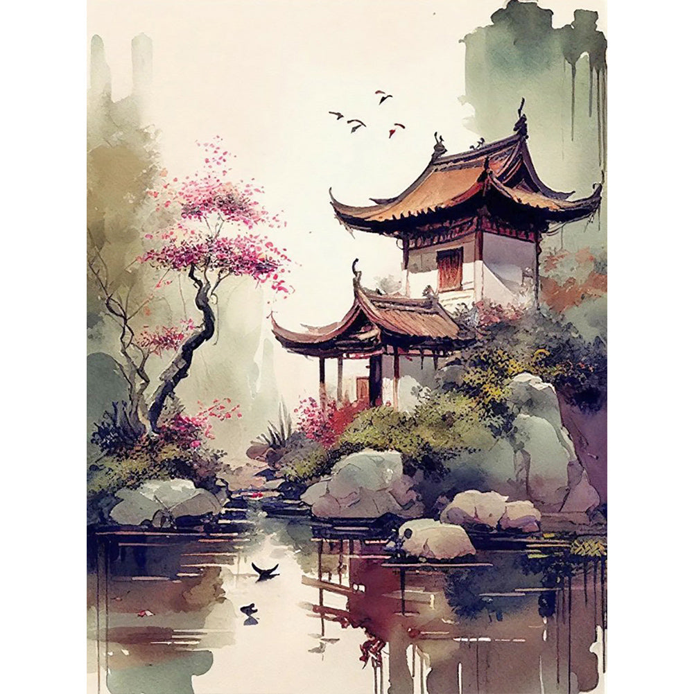 Watercolor Buildings - Full Round Drill Diamond Painting 30*40CM