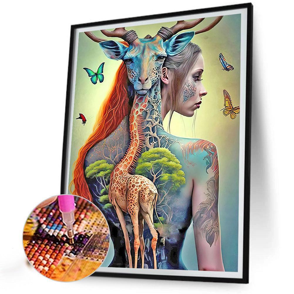 Giraffe Painted Girl - Full Round Drill Diamond Painting 50*60CM