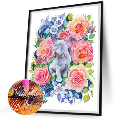 Puppy Surrounded By Flowers - Full Round Drill Diamond Painting 30*40CM