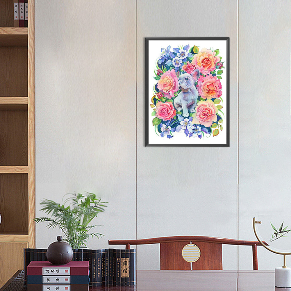 Puppy Surrounded By Flowers - Full Round Drill Diamond Painting 30*40CM