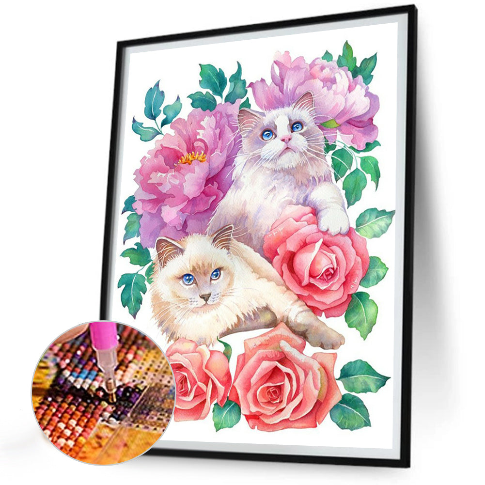 Kitten Surrounded By Flowers - Full Round Drill Diamond Painting 30*40CM