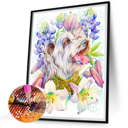 Puppy Surrounded By Flowers - Full Round Drill Diamond Painting 30*40CM