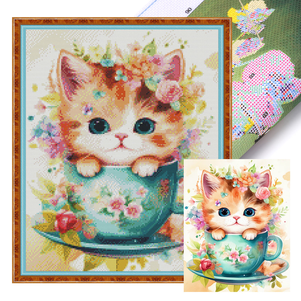 Teacup Cat - 11CT Stamped Cross Stitch 40*50CM