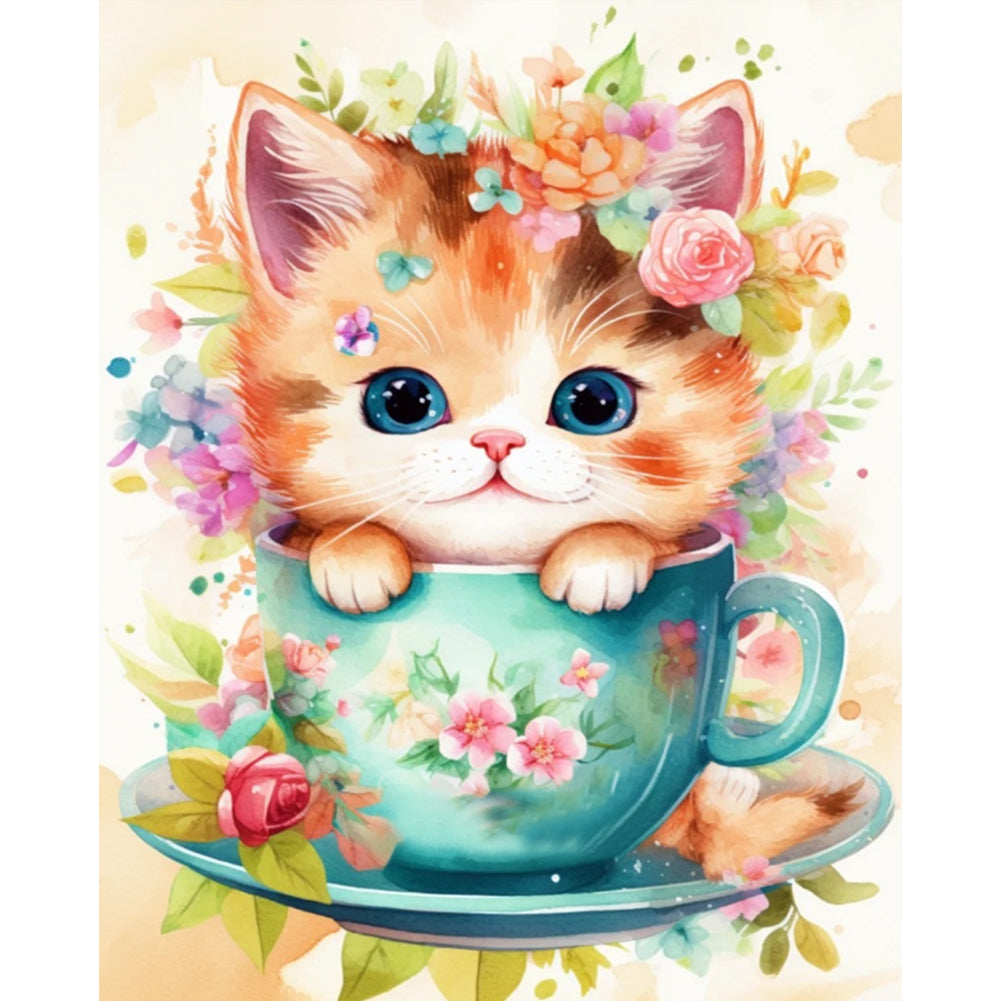 Teacup Cat - 11CT Stamped Cross Stitch 40*50CM