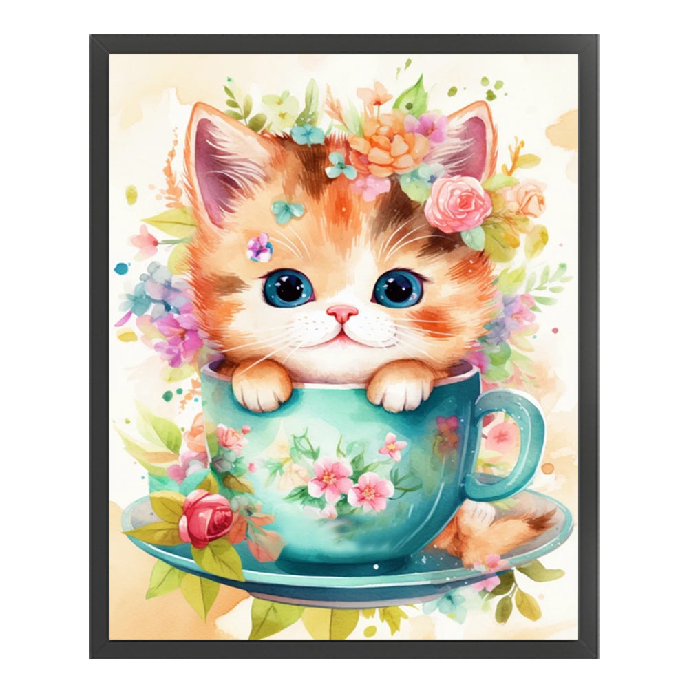 Teacup Cat - 11CT Stamped Cross Stitch 40*50CM